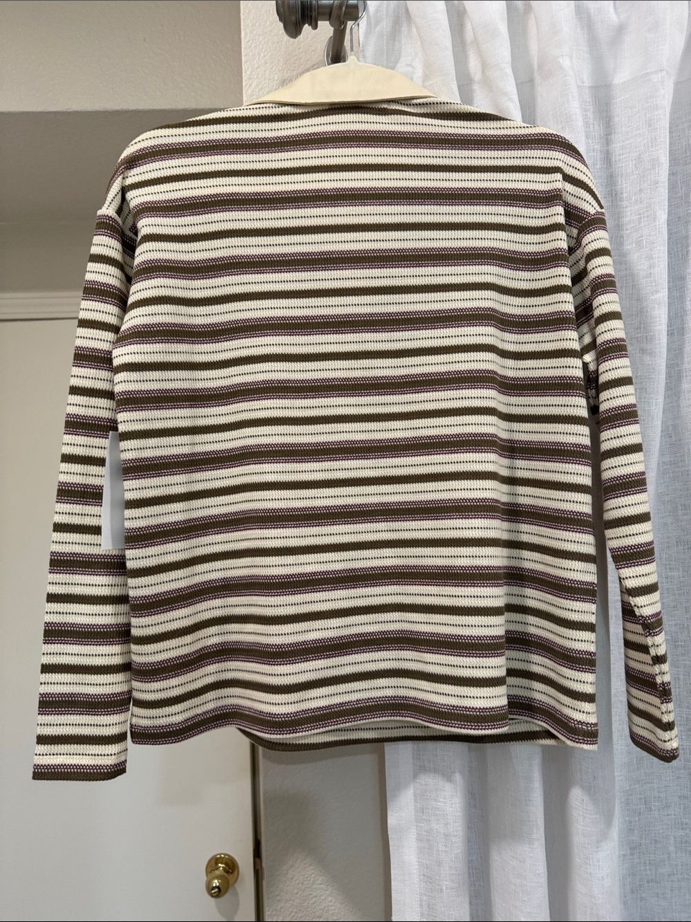 Women’s Design History Striped Knit Polo Top in Cream and Olive - Picture 5 of 7